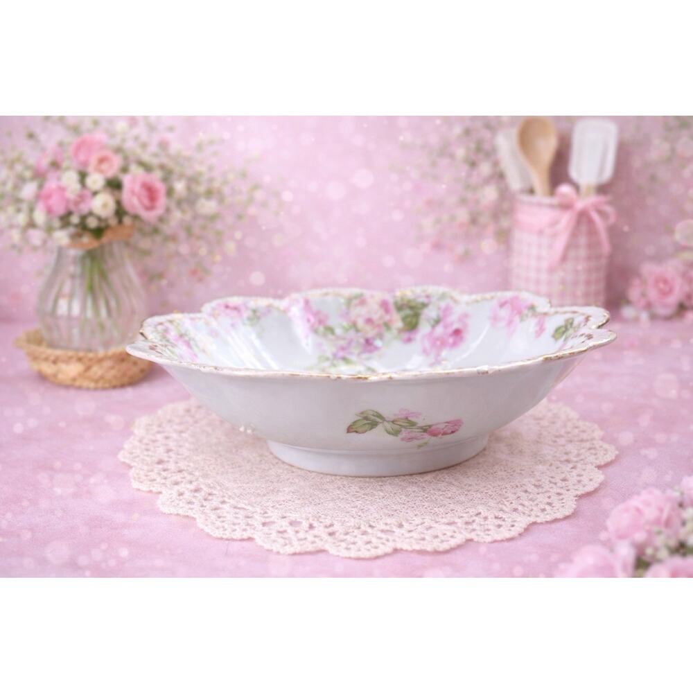 ANTIQUE Haviland France PORCELAIN BOWL ROSES GOLD TRIM 10"
